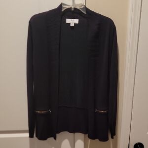 M Magaschoni Navy Blue Cardigan with Gold Zipper Pockets Quiet Luxury